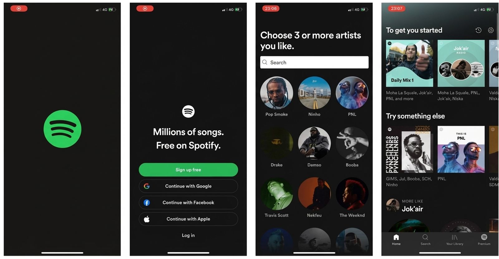 Spotify app onboarding screens showing login options, artist selection, and playlist suggestions. Black background with green accents.