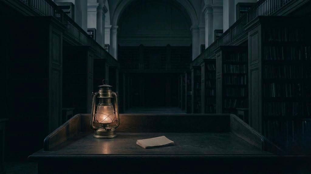 A dark, minimalist scene showing a glowing, arched doorway with a shadowy figure standing inside, partially reflected on a glossy floor, creating a mysterious and atmospheric mood.