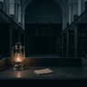 A dark, minimalist scene showing a glowing, arched doorway with a shadowy figure standing inside, partially reflected on a glossy floor, creating a mysterious and atmospheric mood.