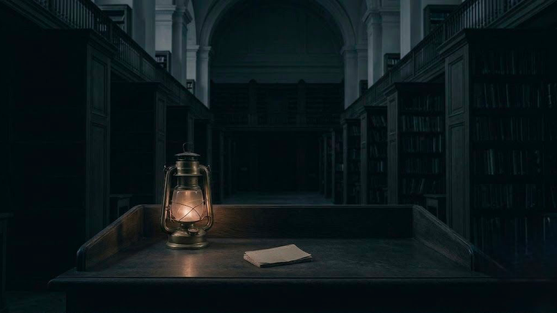 A dark, minimalist scene showing a glowing, arched doorway with a shadowy figure standing inside, partially reflected on a glossy floor, creating a mysterious and atmospheric mood.