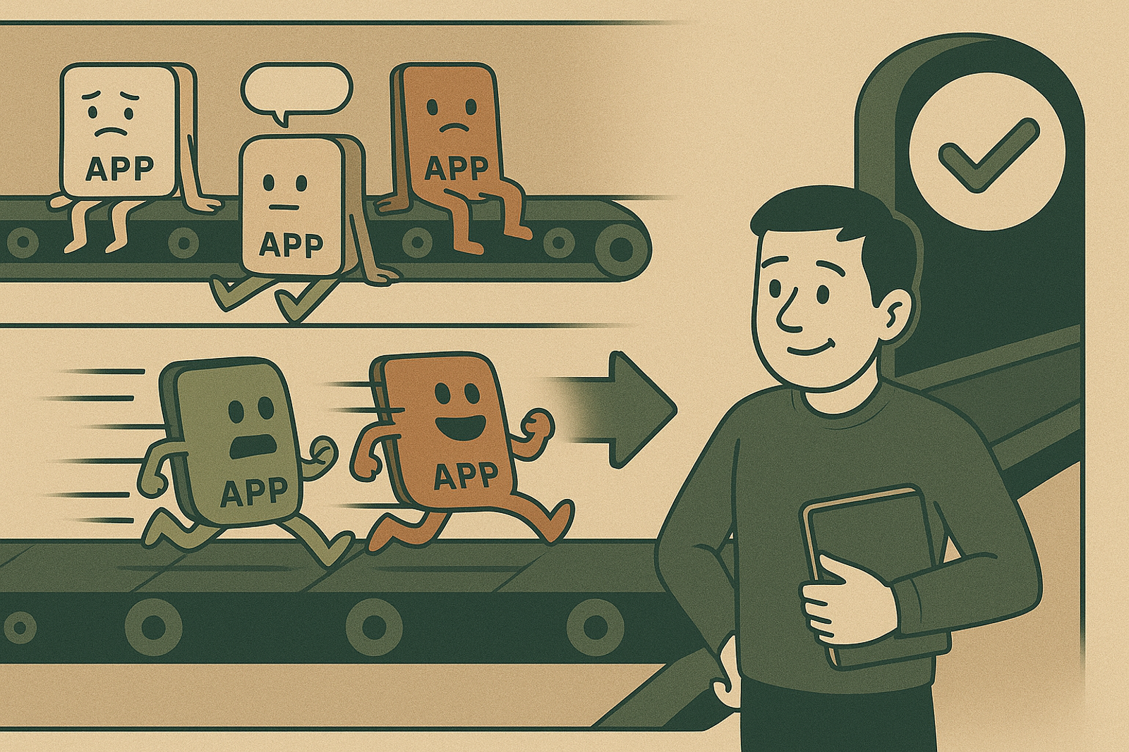 Illustration of apps moving along a conveyor belt, with unhappy apps being filtered out and happy ones progressing toward a satisfied user holding a device, symbolizing improved app selection or optimization.