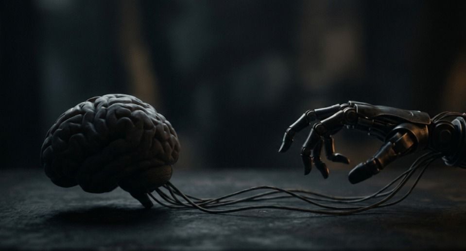 A human brain connected by cables to a robotic hand reaching toward it in a dark environment, symbolizing the connection between artificial intelligence and human cognition.