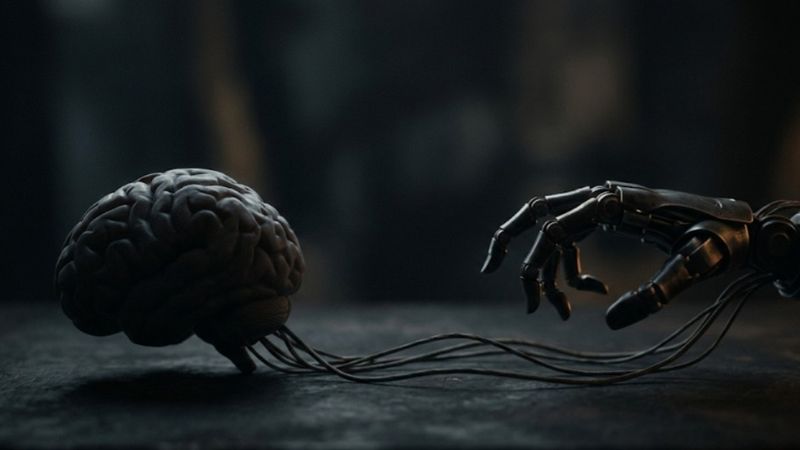 A human brain connected by cables to a robotic hand reaching toward it in a dark environment, symbolizing the connection between artificial intelligence and human cognition.