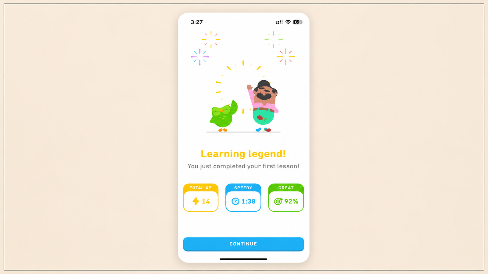 A screenshot of the Duolingo lesson completion screen celebrating a user's first completed lesson. The screen features Duolingo's green owl mascot and a cheering character with confetti and fireworks, alongside the message "Learning legend! You just completed your first lesson!" Performance metrics are displayed below, including **14 Total XP**, a completion time of **1 minute 38 seconds**, and **92% accuracy**. A large blue **Continue** button appears at the bottom to proceed to the next lesson.