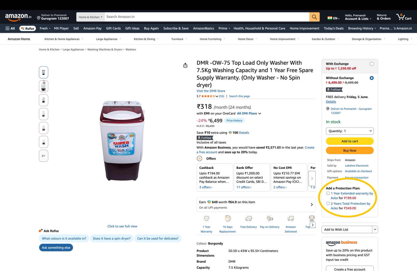 Screenshot of an Amazon India product page for a DMR 7.5 kg top-load washing machine. The product image is displayed on the left, while the center section shows the product title, ratings, price of ₹6,499, EMI options, and promotional offers. On the right, the purchase panel includes delivery details, quantity selection, and "Add to Cart" and "Buy Now" buttons. A yellow circle highlights the optional protection plans section, featuring a 1-year extended warranty for ₹199 and a 2-year total protection plan for ₹349.