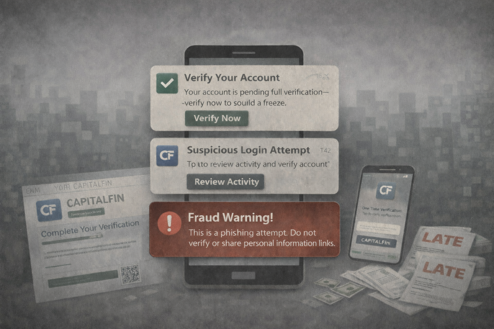 Smartphone with phishing alerts: "Verify Your Account," "Suspicious Login Attempt," and "Fraud Warning!" in background of blurred cityscape.