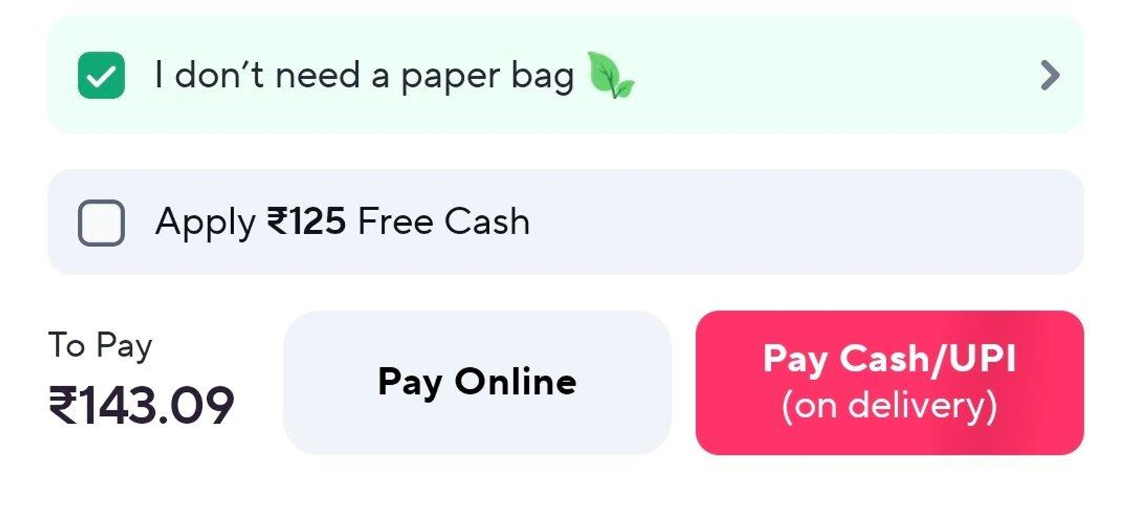 Zepto shopping cart displaying order summary, delivery estimate, and checkout button.