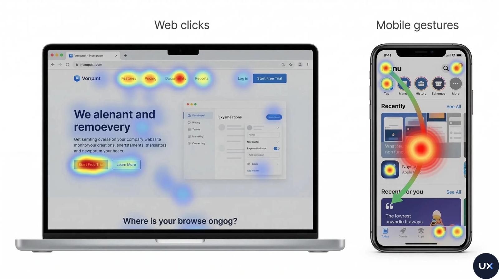 Comparison of web click heatmaps and mobile gesture tracking, illustrating how user interactions like clicks, taps, and swipes are analyzed across desktop and mobile interfaces.