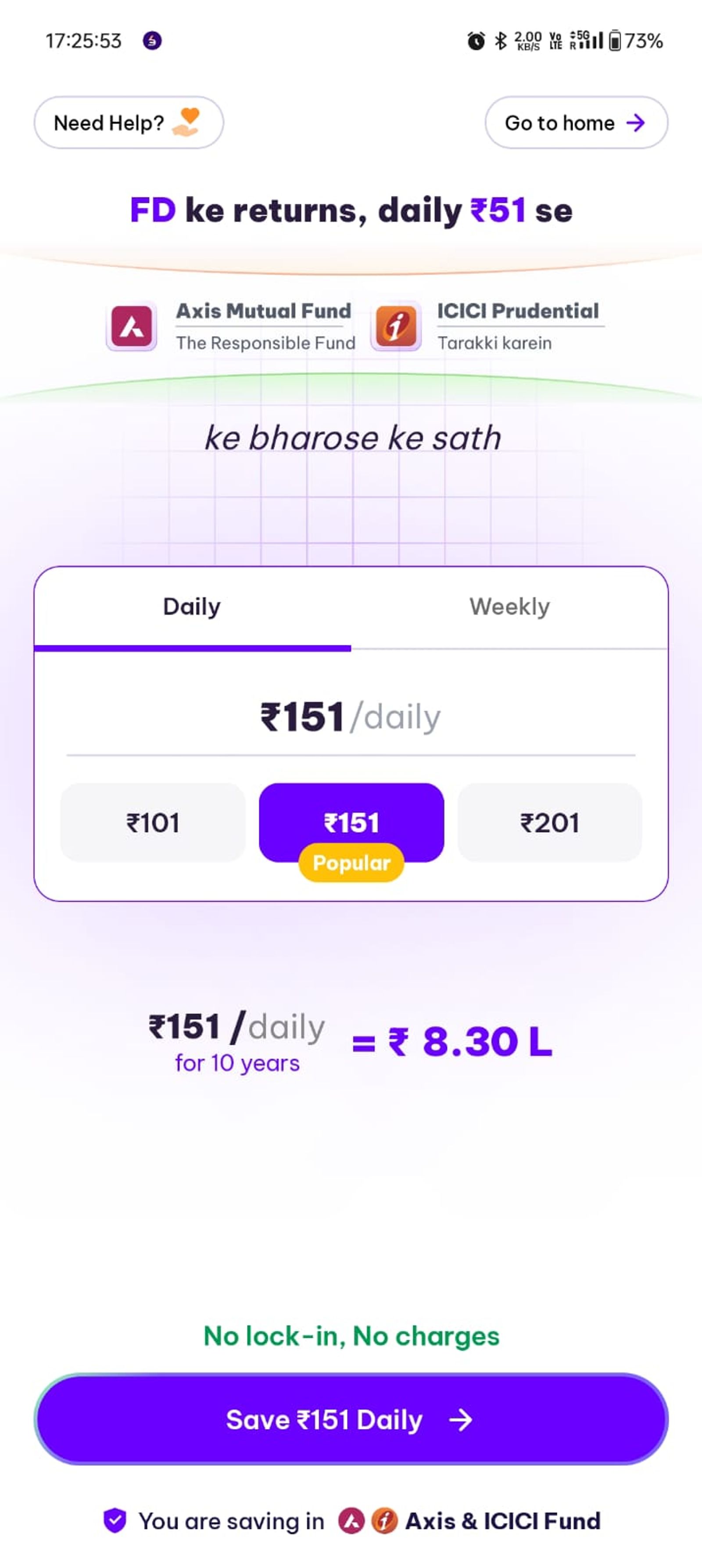 “Investment app screen promoting a daily SIP, showing ₹151 per day option marked popular, projected ₹8.30 lakh returns over 10 years, no lock-in or charges, and a call-to-action to start saving.”