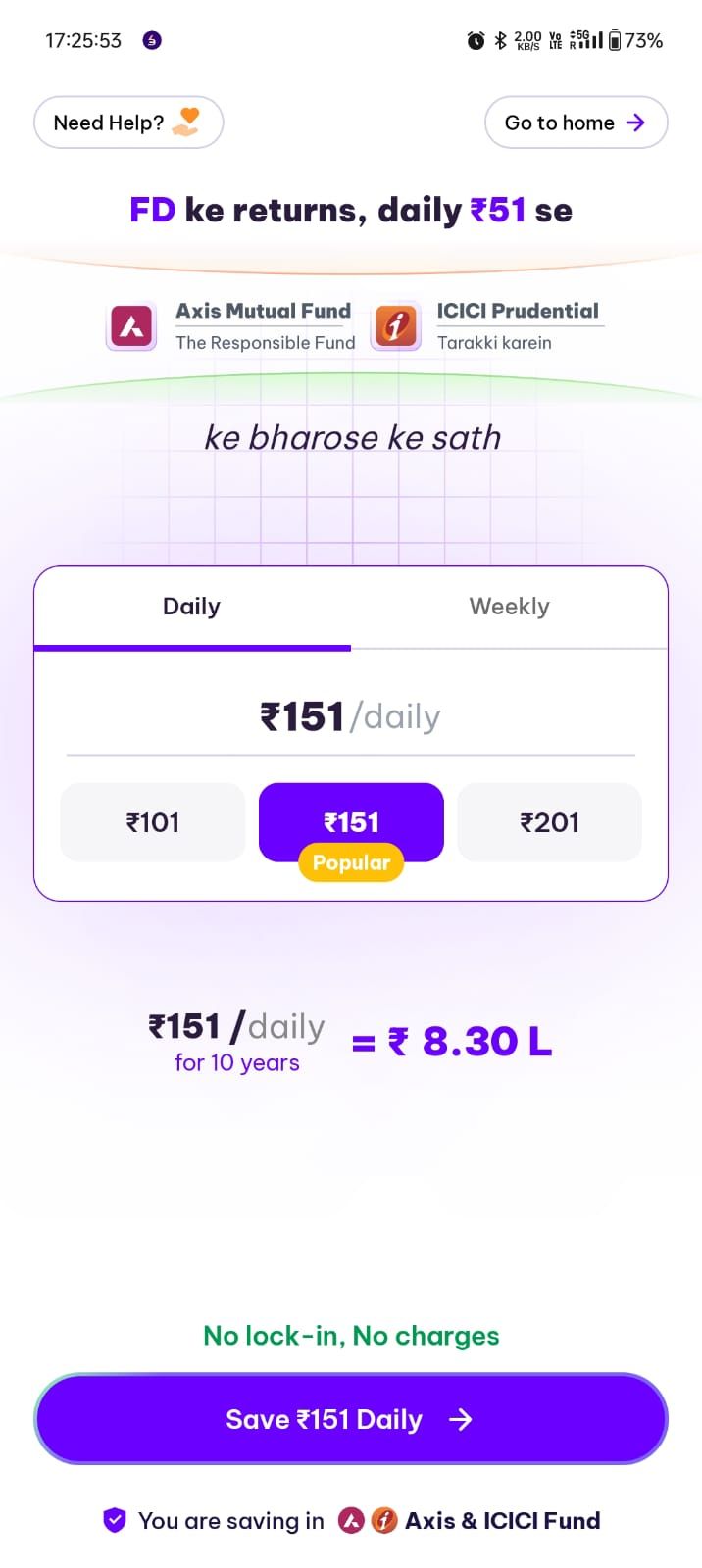 “Investment app screen promoting a daily SIP, showing ₹151 per day option marked popular, projected ₹8.30 lakh returns over 10 years, no lock-in or charges, and a call-to-action to start saving.”