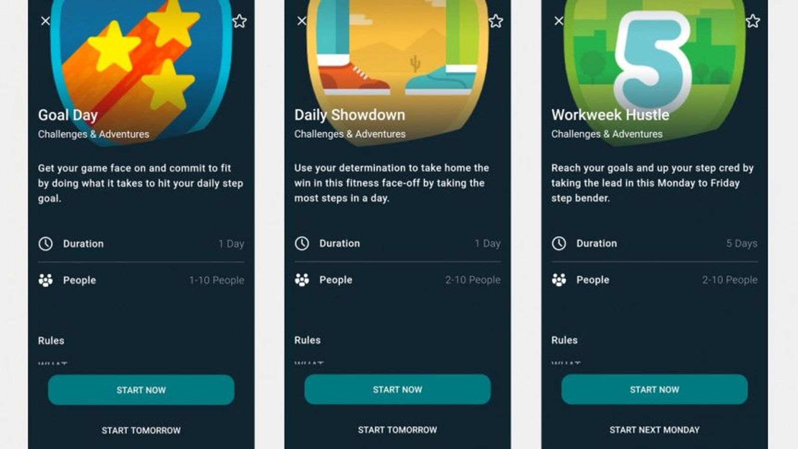 Three app screens display fitness challenges: Goal Day, Daily Showdown, Workweek Hustle. Options include duration, participants, start now.