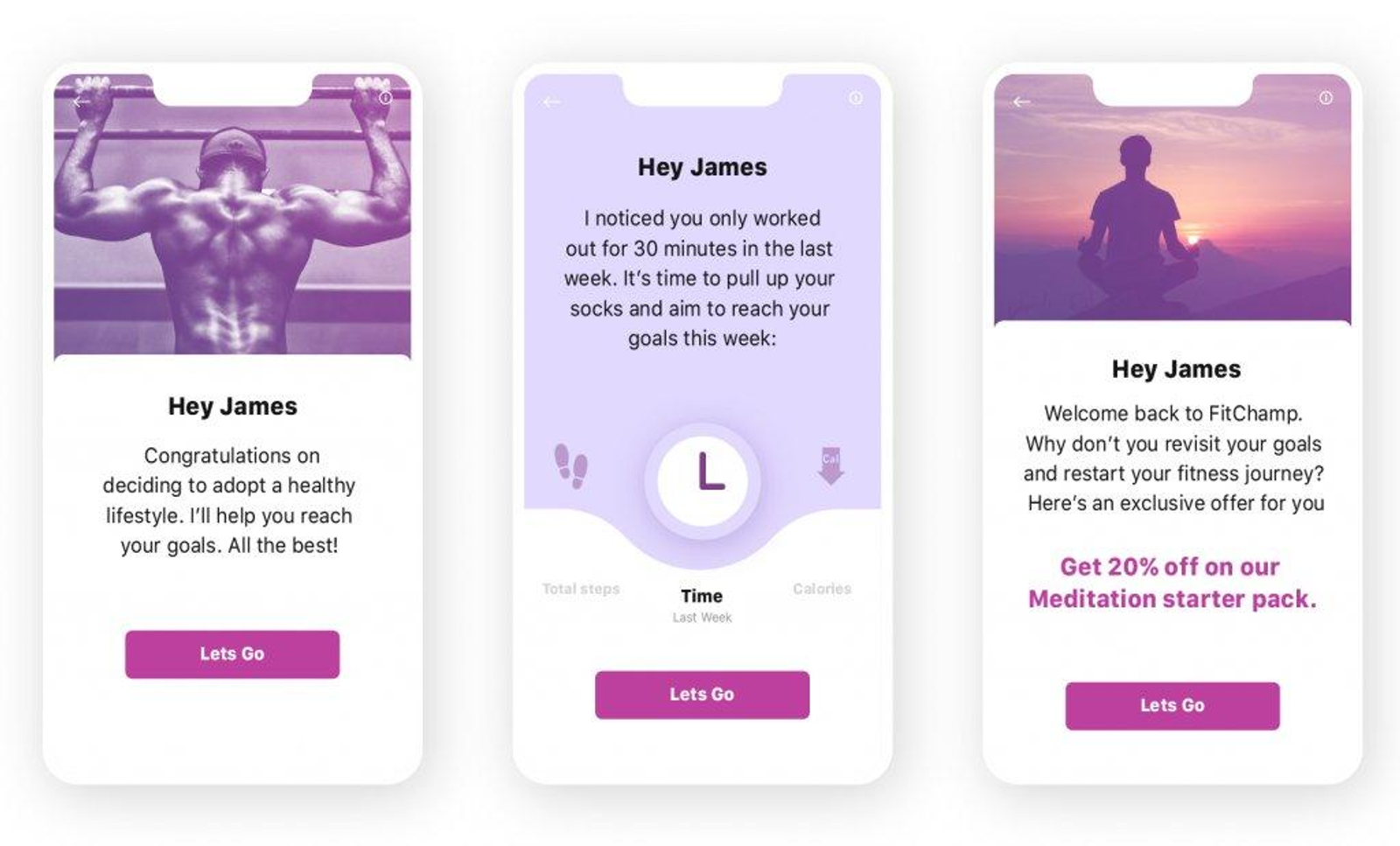 Mobile app screens showing personalized recommendations, achievement badges, milestone rewards, and behavior-based in-app messages designed to increase long-term user engagement and retention.