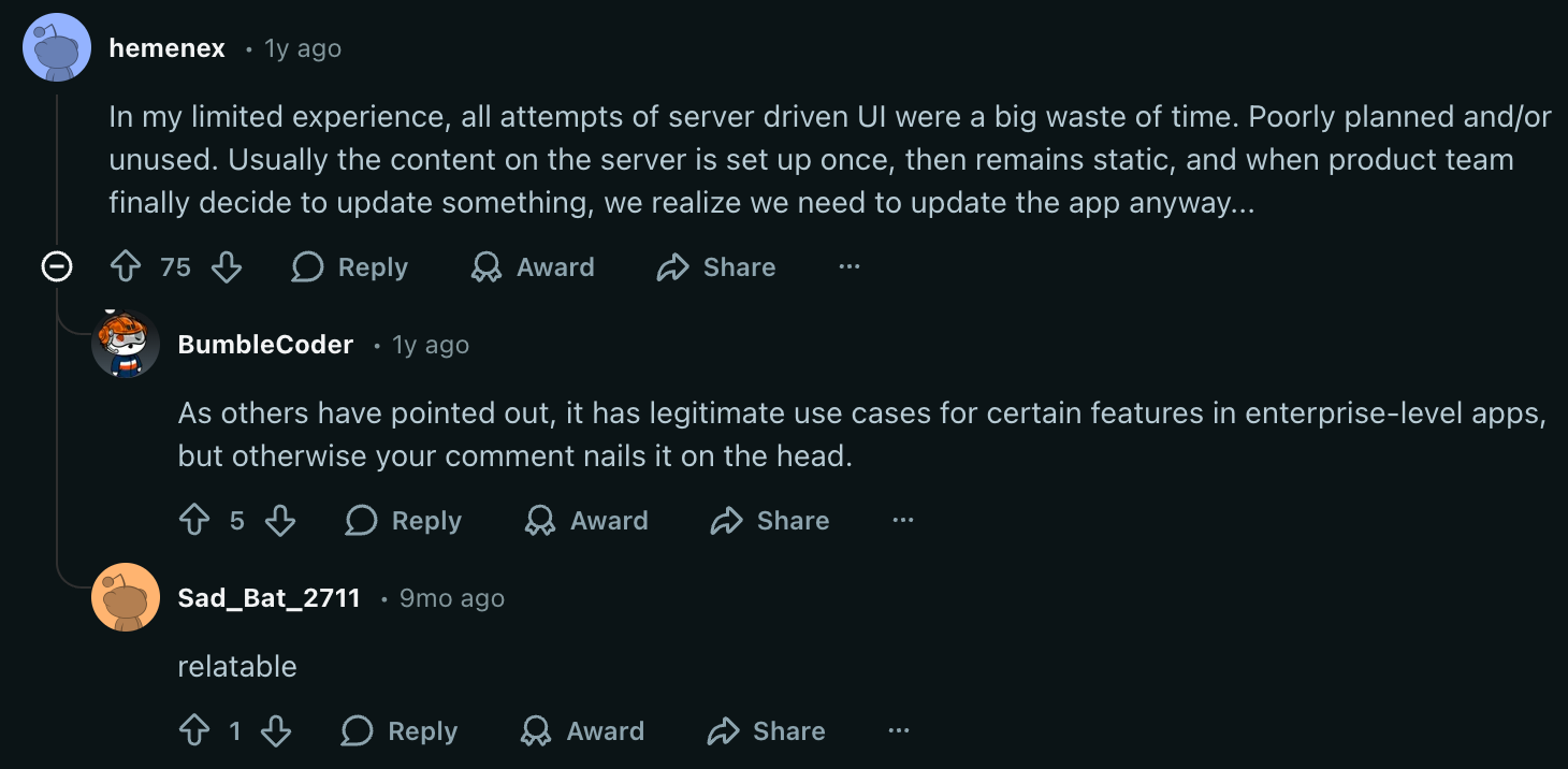 Developer forum discussion debating server-driven UI, with mixed opinions on its practicality for mobile apps