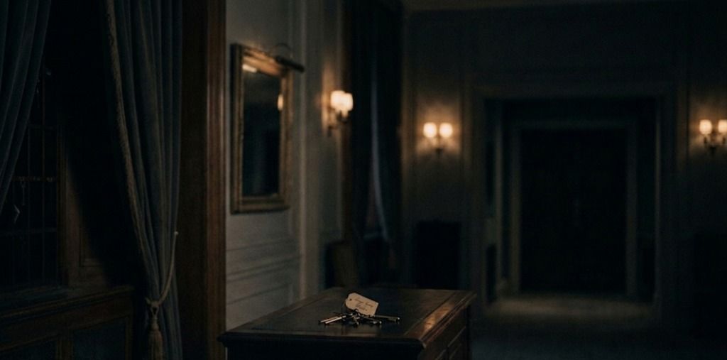Dimly lit hallway with keys on a wooden table creating a mysterious atmosphere.