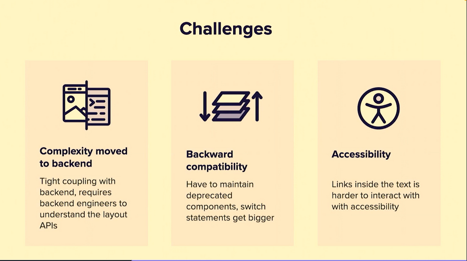 Challenges: Complexity moved to backend, backward compatibility, accessibility