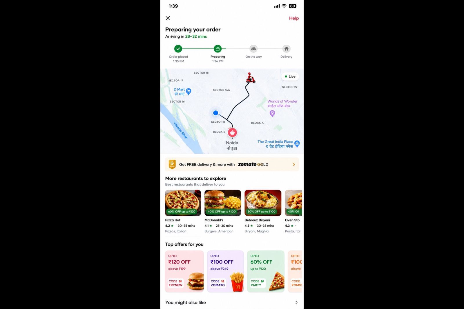 Zomato live order tracking screen where users monitor delivery progress after checkout.