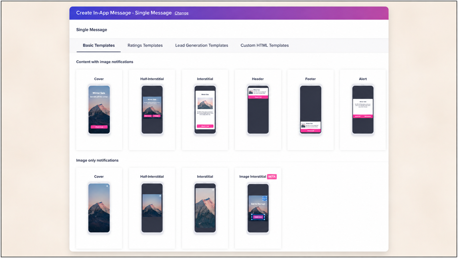 In-app messaging template dashboard showing basic and image-only notification templates, including cover, half-interstitial, interstitial, header, footer, alert, and beta image interstitial formats.