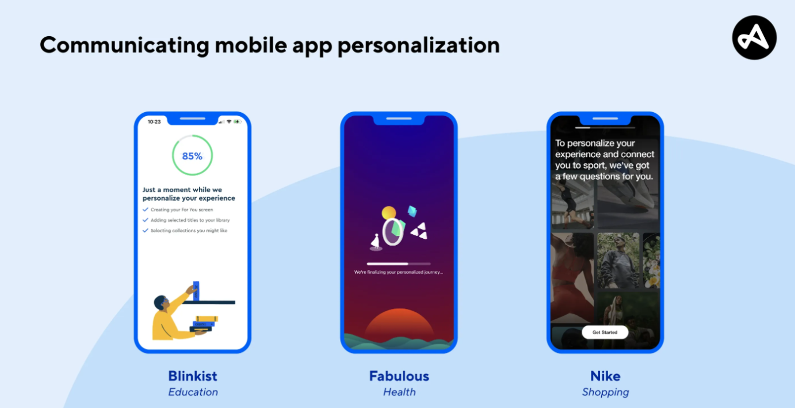 Three smartphone screens display app personalization processes by Blinkist, Fabulous, and Nike. Blue backgrounds, engaging interface, focused mood.