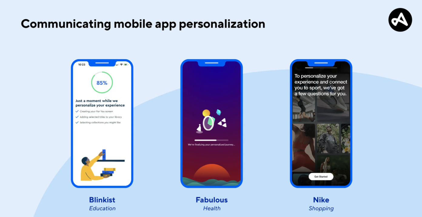 Three smartphone screens display app personalization processes by Blinkist, Fabulous, and Nike. Blue backgrounds, engaging interface, focused mood.