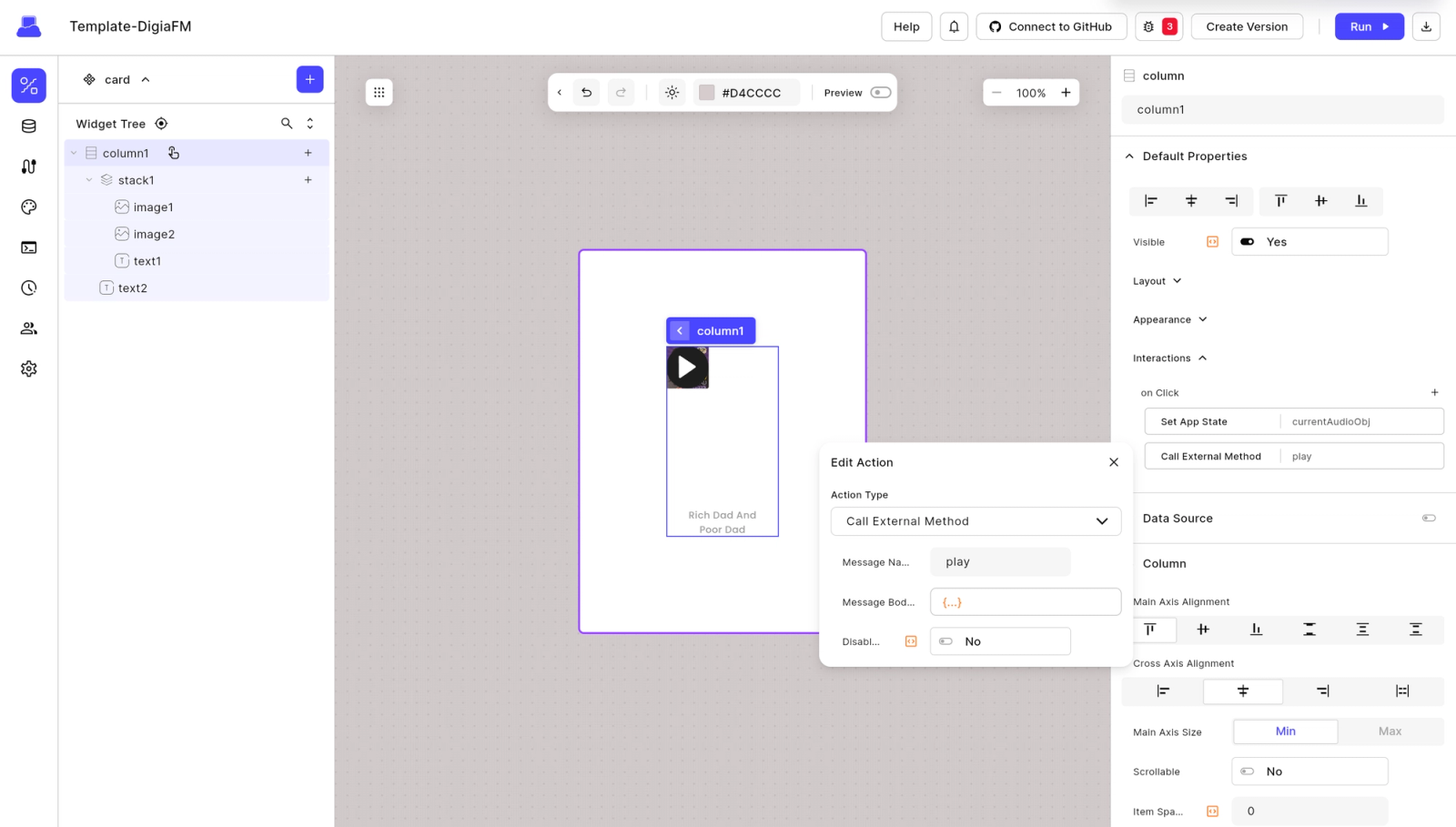 Visual app builder interface showing a mobile layout with a video player inside a column, an edit action modal configured to call an external method, and side panels for widget hierarchy and properties.