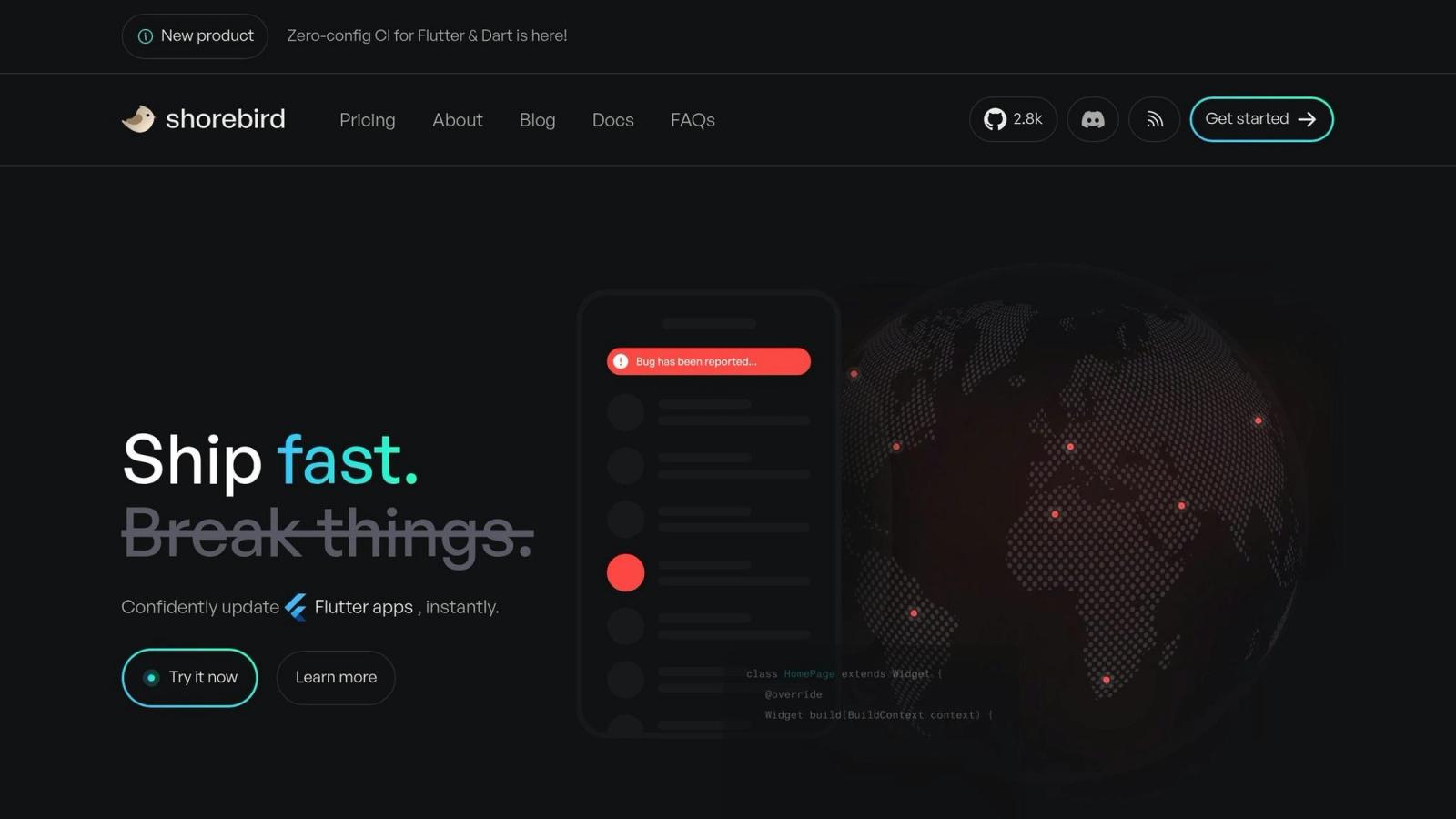 Dark-themed website with "Ship fast." text. Features globe with red dots and smartphone UI showing "Bug has been reported." in red box.