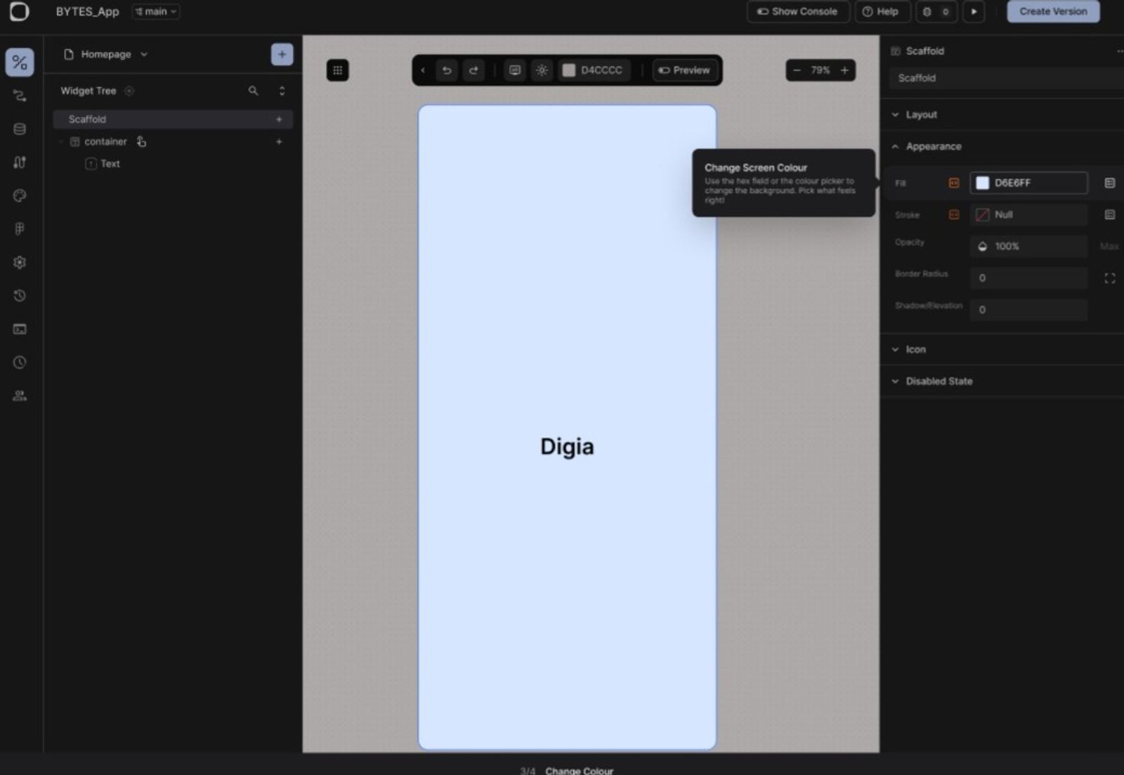 No-code mobile app builder interface for designing app screens with drag-and-drop components.