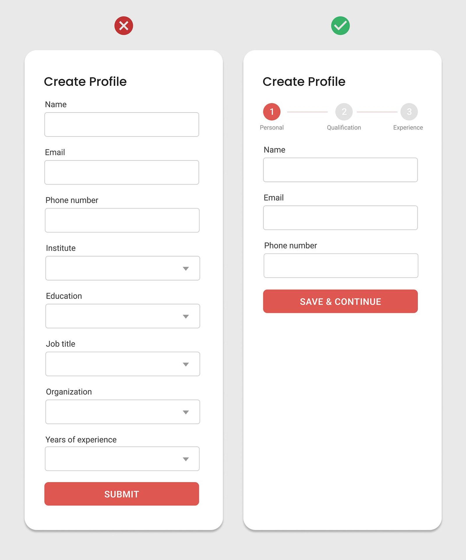 Comparison of a long single-page registration form versus a simplified multi-step progressive disclosure form.