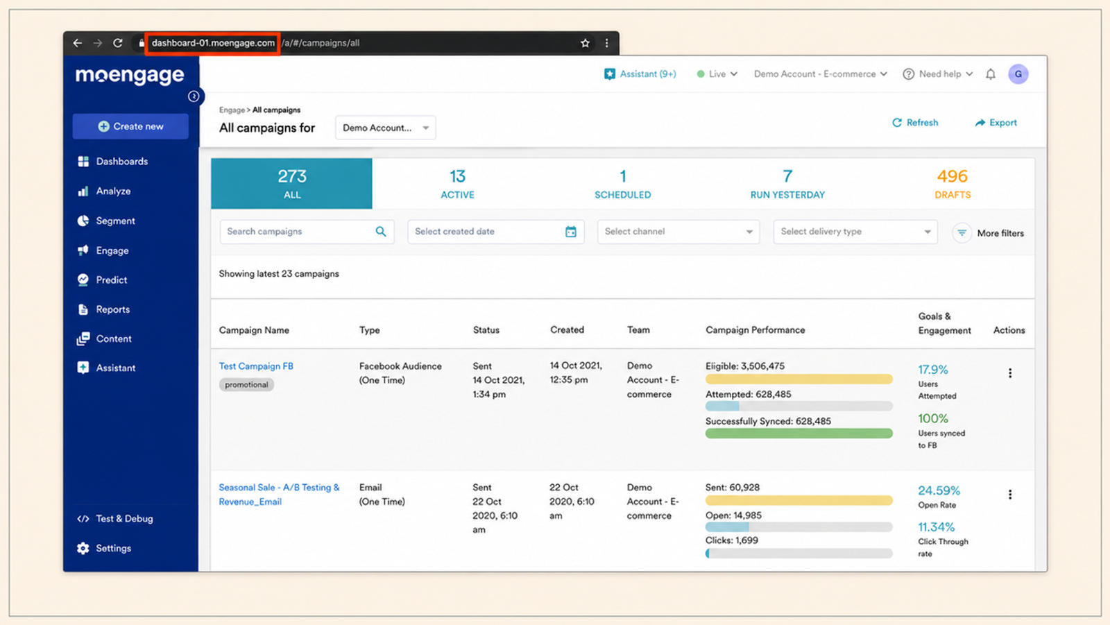 MoEngage dashboard featuring customer journey automation and multichannel campaign management