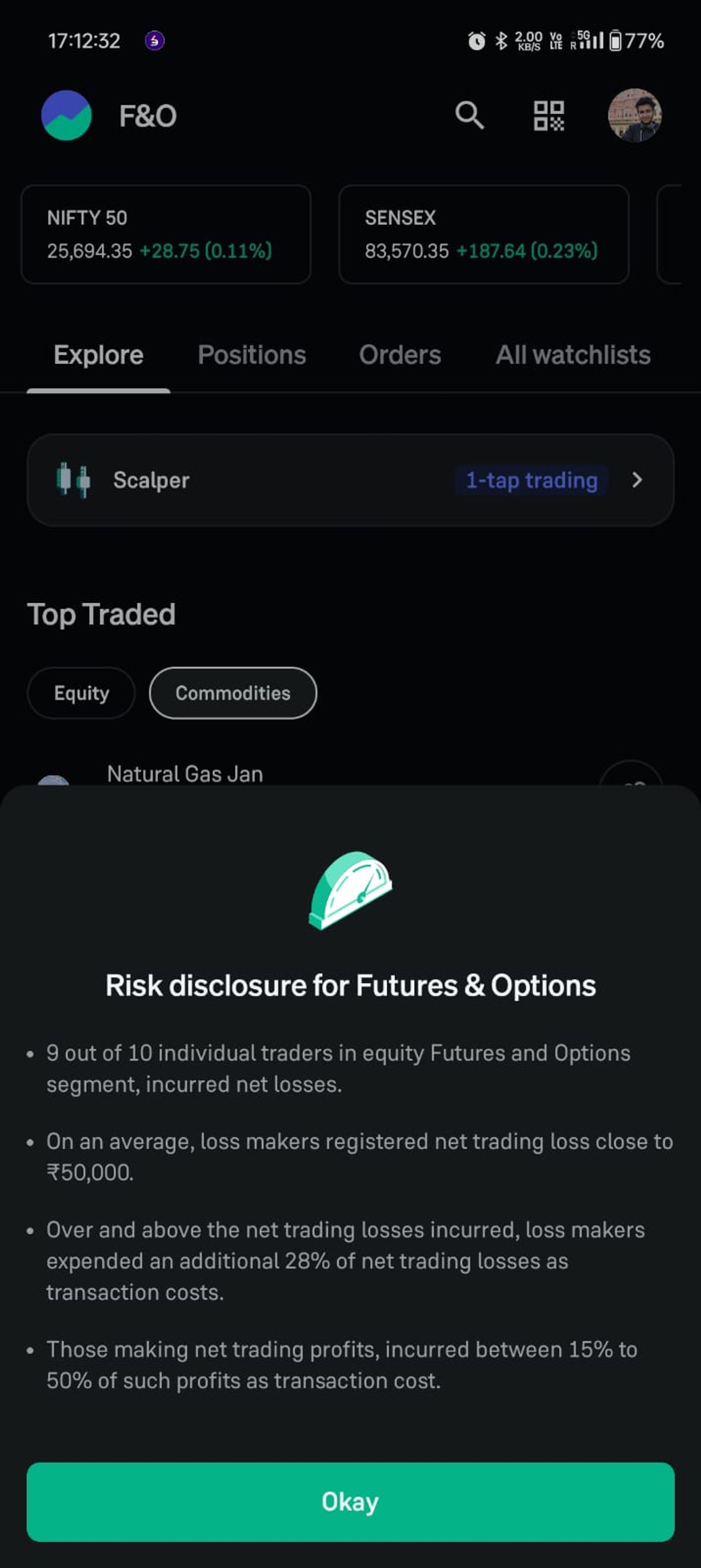 Trading app screen with indices (NIFTY 50, SENSEX) growth, time, options for scalping, and risk disclosure for Futures & Options trading.