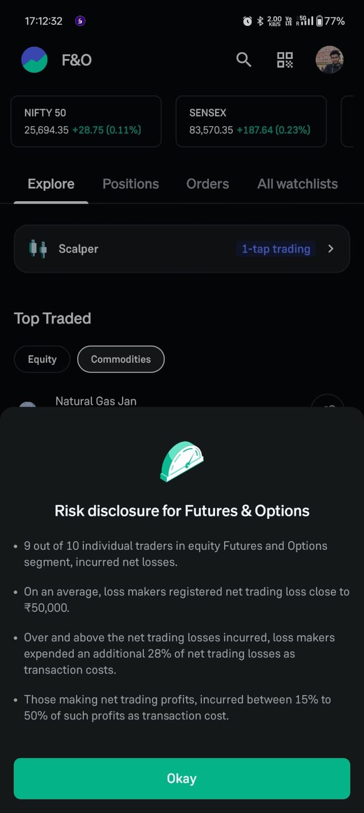 Trading app screen with indices (NIFTY 50, SENSEX) growth, time, options for scalping, and risk disclosure for Futures & Options trading.