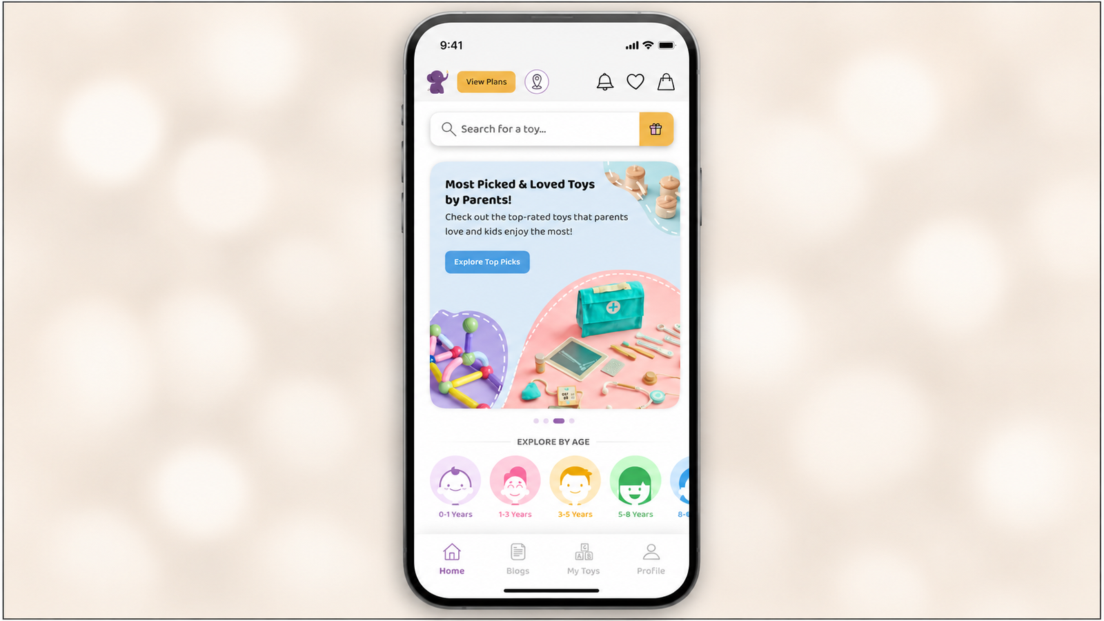 A mobile toy-rental app home screen showing a “Most Picked & Loved Toys by Parents!” banner with colorful children’s toys, an “Explore Top Picks” button, a search bar, age-category options from 0–1 to 5–8 years, and bottom navigation for Home, Blogs, My Toys, and Profile.