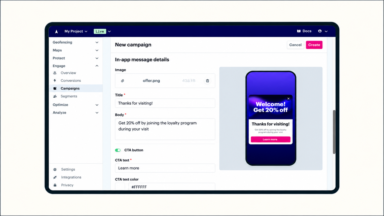 Digia Engage campaign creation dashboard showing an in-app message setup with an uploaded image, title “Thanks for visiting!”, body copy offering 20% off for joining a loyalty program, a “Learn more” CTA, and a live mobile preview of the promotional message.