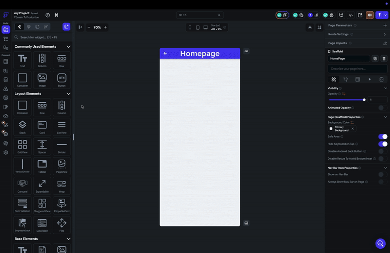 App builder interface showing a mobile screen preview labeled “Homepage,” with a text widget placed on the canvas, a left sidebar of UI components, and a right panel for styling and properties.