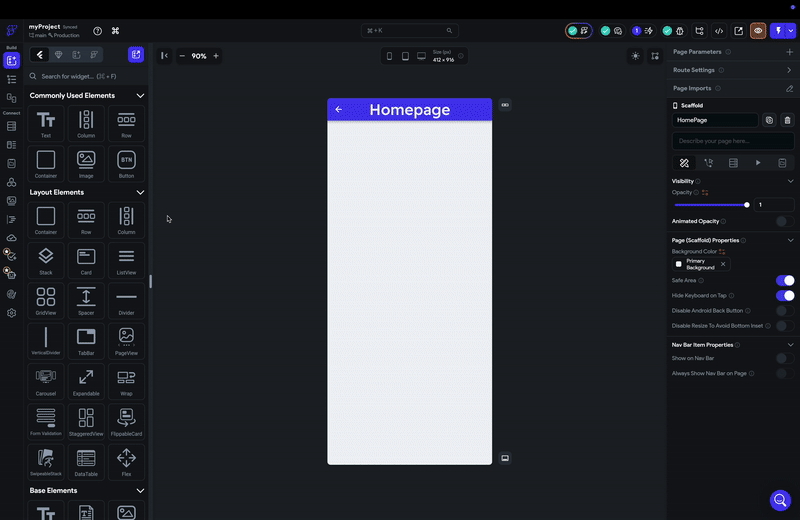 App builder interface showing a mobile screen preview labeled “Homepage,” with a text widget placed on the canvas, a left sidebar of UI components, and a right panel for styling and properties.