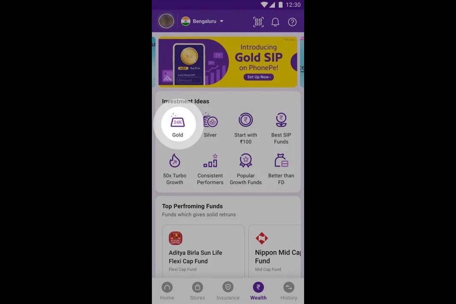 PhonePe investment section promoting financial products through contextual discovery.