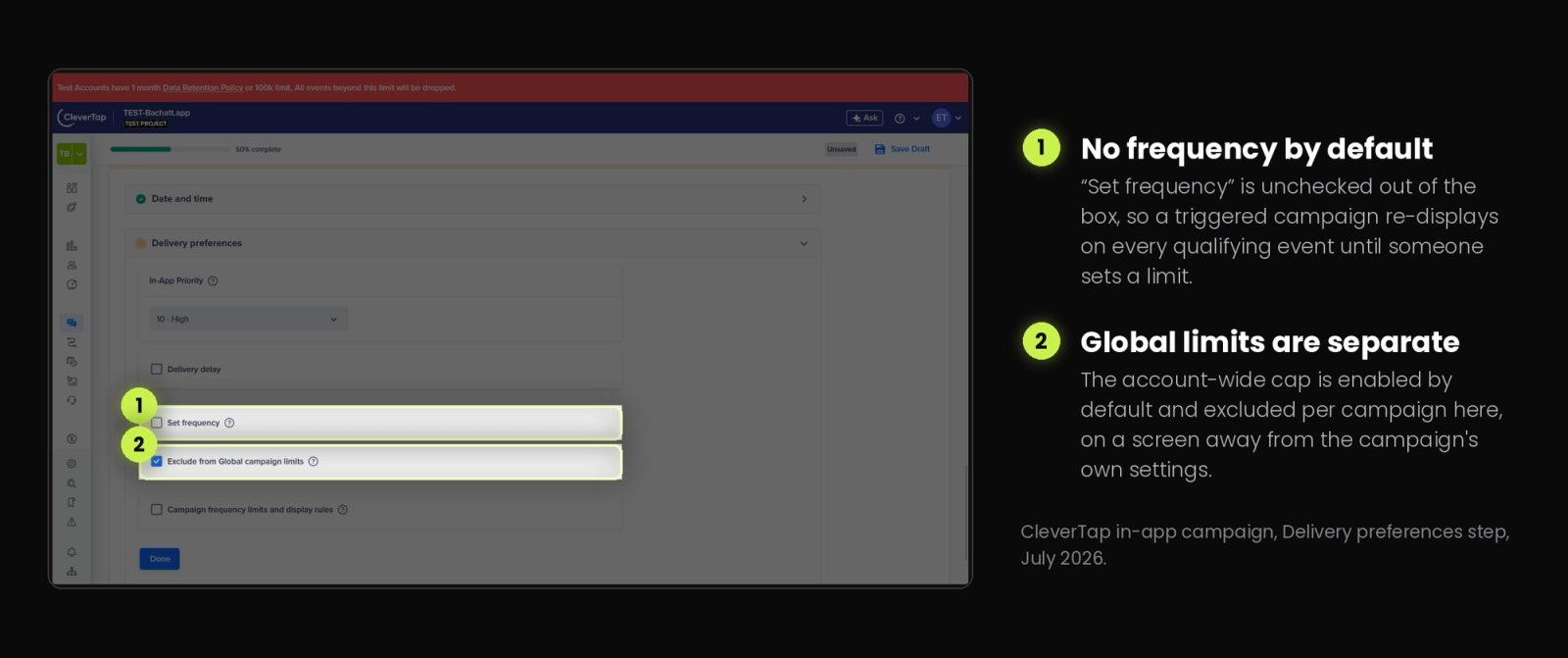 CleverTap delivery preferences panel with the Set frequency checkbox unchecked by default