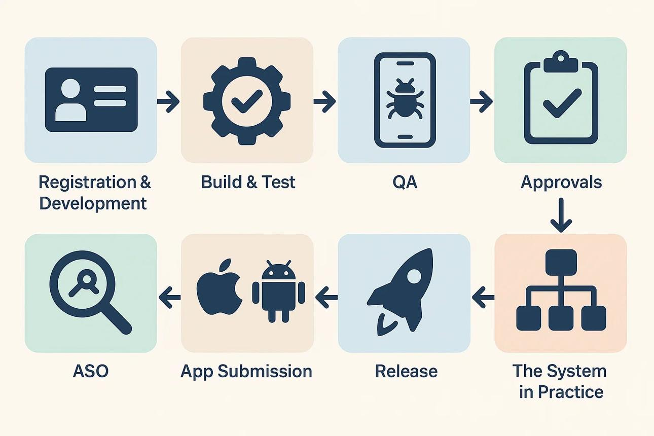 Mobile app release process showing App Store review bottlenecks.