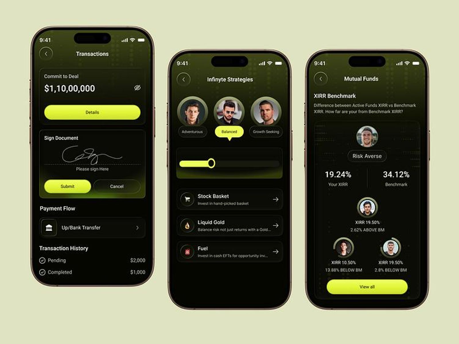 Three smartphone screens show financial app interfaces: transactions with a signature; investment strategies; and mutual fund benchmarks. Dark theme.