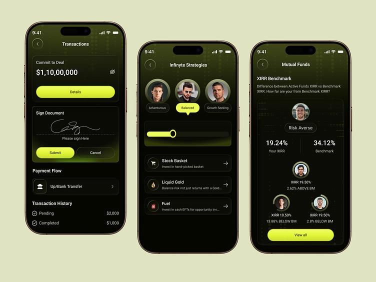 Three smartphone screens show financial app interfaces: transactions with a signature; investment strategies; and mutual fund benchmarks. Dark theme.