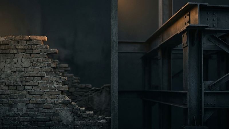 A dark, minimalist scene showing a glowing, arched doorway with a shadowy figure standing inside, partially reflected on a glossy floor, creating a mysterious and atmospheric mood.