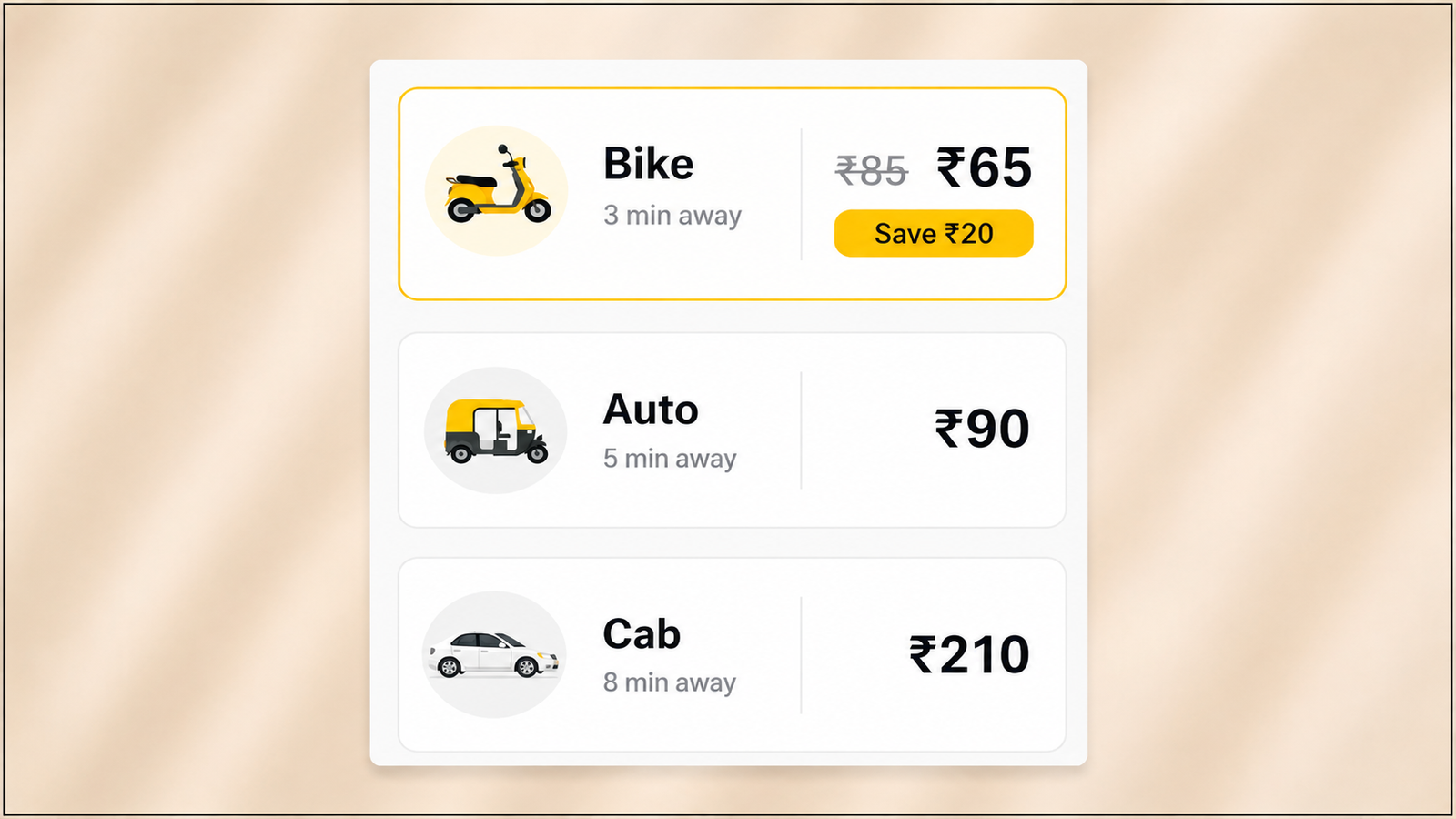 Ride-hailing app fare comparison showing Bike, Auto, and Cab options with arrival times, fares, and a ₹20 discount on the selected Bike ride.
