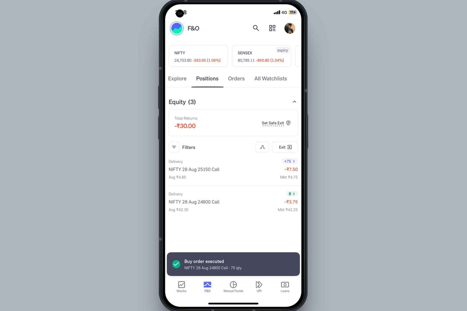 Smartphone screen displaying stock market app with NIFTY and SENSEX data, total returns, executed buy order. White background and minimal design.