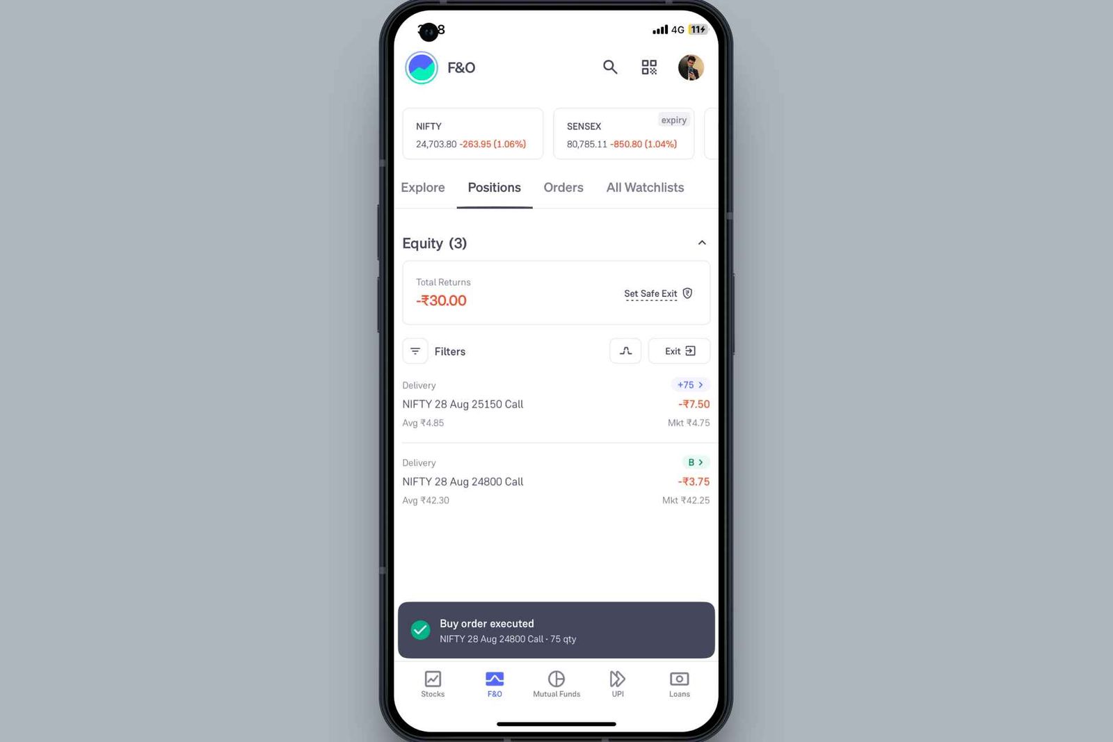 Smartphone screen displaying stock market app with NIFTY and SENSEX data, total returns, executed buy order. White background and minimal design.