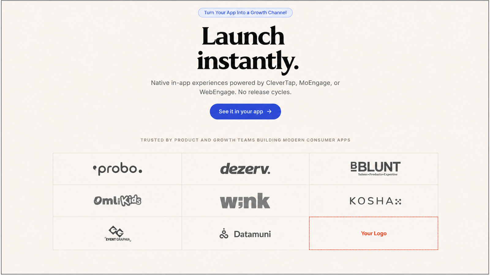Digia Engage website hero section promoting instantly launched native in-app experiences powered by CleverTap, MoEngage, or WebEngage, with a grid of customer logos including Probo, Dezerv, BBLUNT, OmliKids, Wink, Kosha, Event Graphia, and Datamuni.