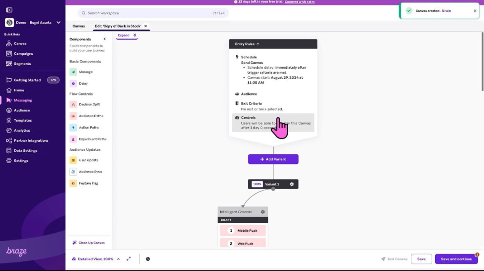 Braze Canvas workflow builder showing customer journey automation with entry rules and multichannel flow