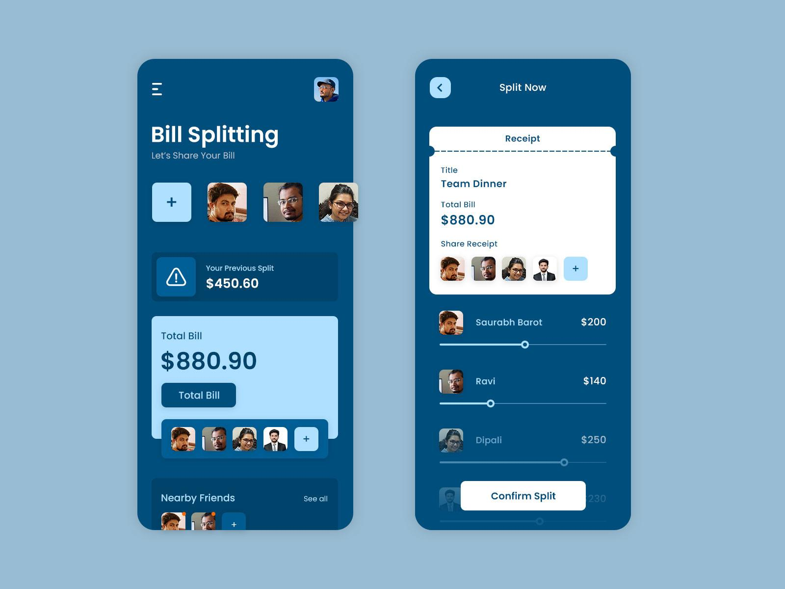 payment app split bill feature UI