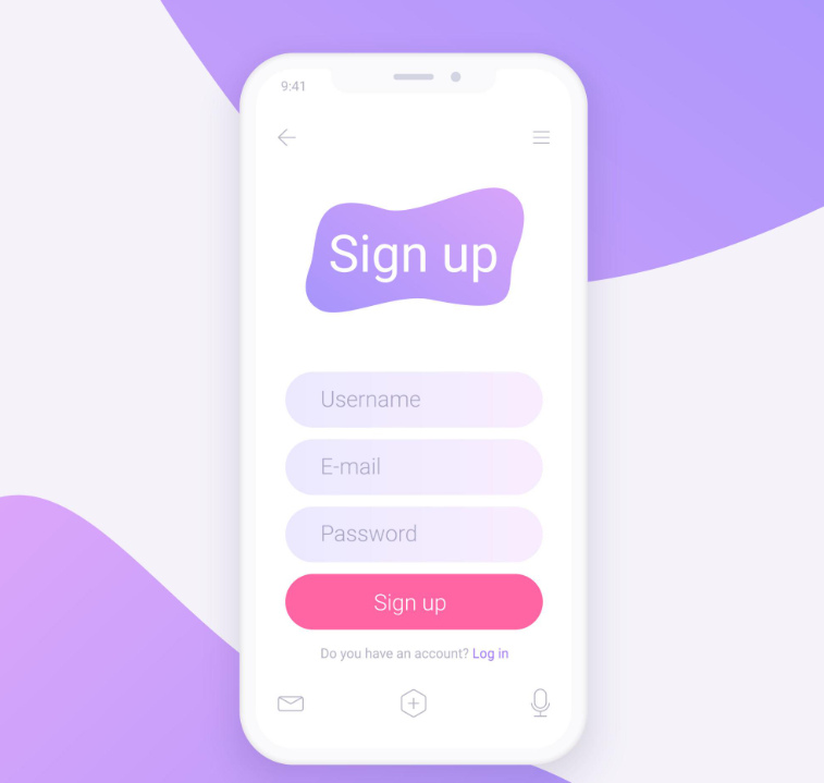 White smartphone screen with a purple background shows a "Sign up" form with fields for Username, E-mail, Password, and a pink "Sign up" button.