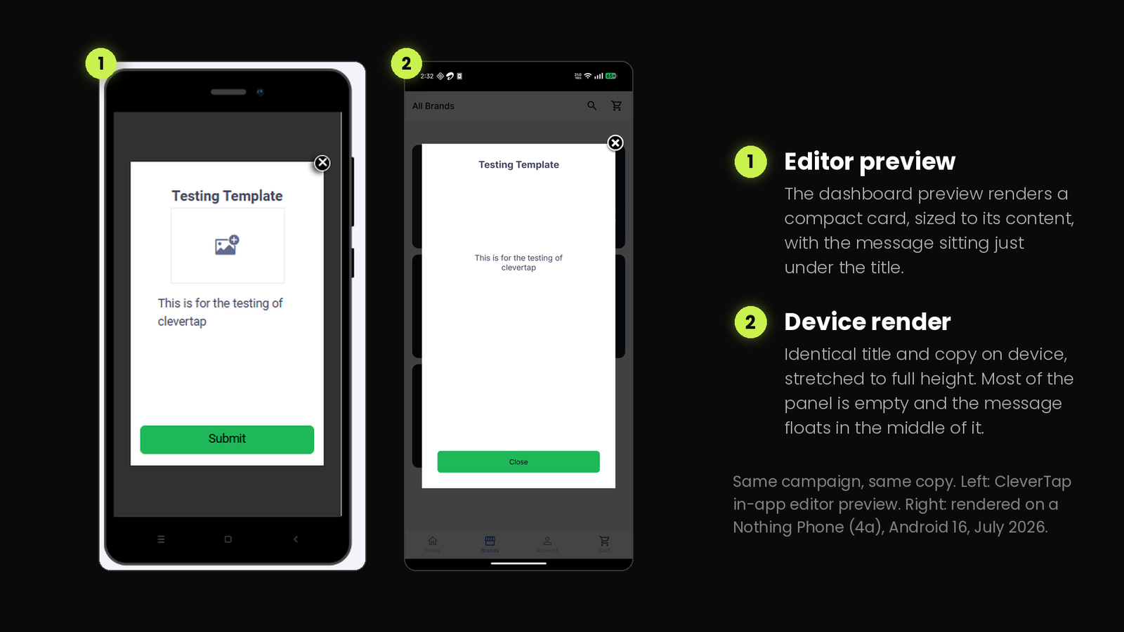 Side by side comparison of a CleverTap campaign in the dashboard editor preview and the same campaign rendered on an Android device