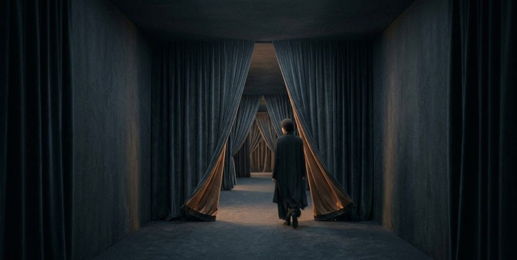 A dark, minimalist scene showing a glowing, arched doorway with a shadowy figure standing inside, partially reflected on a glossy floor, creating a mysterious and atmospheric mood.