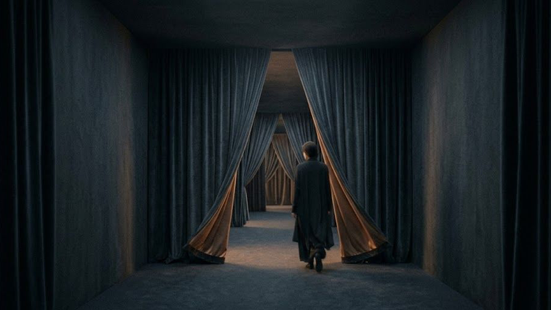 A dark, minimalist scene showing a glowing, arched doorway with a shadowy figure standing inside, partially reflected on a glossy floor, creating a mysterious and atmospheric mood.